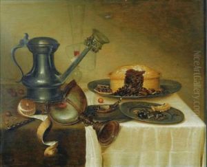 Nature Morte Au Pichet, Citron, Tourte Et Vase Nautile Sur Un Entablement De Bois by Maerten Boelema De Stomme