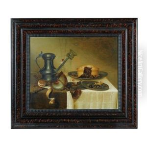 Leewarden Haarlem Nature Morte Au Pichet, Citron, Tourte Et Vase Nautile Sur Un Entablement De Bois by Maerten Boelema De Stomme