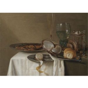 A Still Life With A Half-peeled Lemon On A Pewter Dish, A Dried Fish With Capers, A Wine Glass, Roemer, Triangular Salt Cellar And A Nautilus-shell Cup On A Table by Maerten Boelema De Stomme