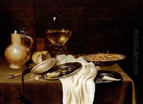 A Still Life With A Stoneware Jug, A Flute, A Roemer, Shrimps, Bread And Tobacco On Pewter Plates, Shrimps In A Wan-li Porcelain Bowl, Together With A Knife, All On A Draped Table - view 1