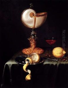 Still Life With A Nautilus Cup, A Peeled Lemon On A Pewter Plate, Nuts, A Knife, A Glass, All On A Table Draped With A Green Cloth by Maerten Boelema De Stomme