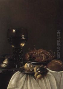 Nature Morte Au Plat D'argenterie, Verre Rohmer Et Crabe Sur Un Entablement