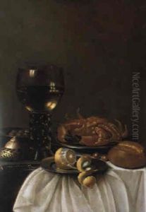 Stilleben Mit Weinglas, Geschalter Zitrone Und Einer Krabbe
