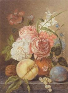 A Still Life With Roses, A Plum, A Peach And Walnut On A Stone Ledge
