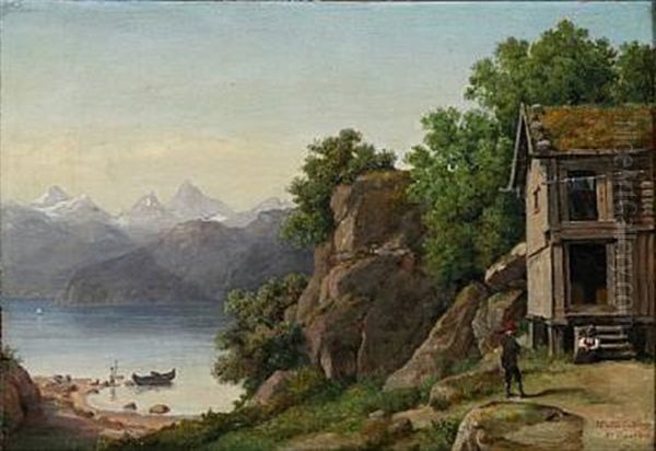 Norwegian Landscape At A Fjord. In The Foreground An Old Farmhouse - view 1