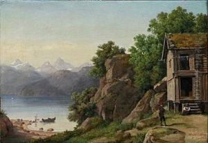 Norwegian Landscape At A Fjord. In The Foreground An Old Farmhouse by August Wilhelm Boesen