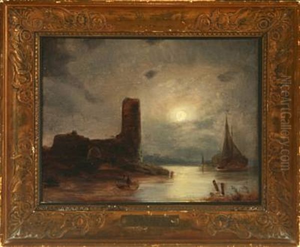 Coastal Scenery With Ruined Castle In Moonlight - view 1