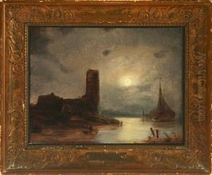 Coastal Scenery With Ruined Castle In Moonlight by August Wilhelm Boesen