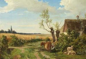 Landlig Idyl Ved Et Bondehus by August Wilhelm Boesen