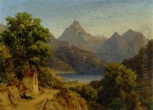 En Vandringsmand Holder Hvil Ved Et Vejalter I Et Norsk Bjerglandskab by August Wilhelm Boesen