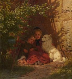 Two Children And A Dog Sitting In The Shade by Christian Eduard Boettcher