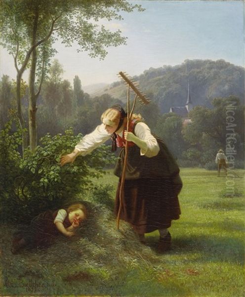 Junge Bauerin Bei Der Heuernte Mit Ihrem Schlafenden Kind - view 1