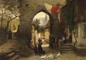 Bacharach Am Rhein. Buntes Treiben In Einer Dorfgasse, Im Hintergrund Der Kirchturm Von St. Peter by Christian Eduard Boettcher