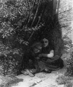 Zwei Kinder Sitzen An Einer Hausecke Unter Einem Strauch by Christian Eduard Boettcher