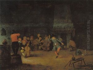 Tanzende Und Zechende Bauern In Einem Wirtshaus by Hendrik Bogaert