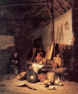 The Corner Of A Barn With Earthenware Vessels, A Cabbage    A Copper Pot And Other Kitchen Implements by Hendrik Bogaert