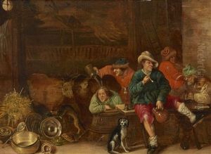 Zechende Und Rauchende Bauern In Einem Stall by Hendrik Hendricksz Bogaert