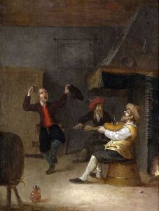 Interieurszene Mit Einem Zur Fidel Tanzenden Mann by Hendrik Hendricksz Bogaert