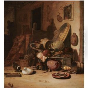 A Still Life Of Earthenware Pots, Barrels, Baskets, Jugs, An Earthenware Plate With Fish, Together With Ducks, In A Barn by Hendrik Hendricksz Bogaert