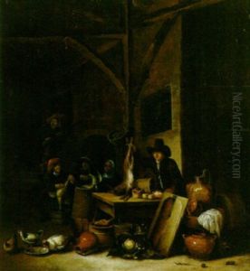 A Sportsman Displaying A Dead Hare With Peasants Preparing Game Beyond, Chickens, A Cabbage, Pots And Pans In The Foreground by Hendrik Hendricksz Bogaert