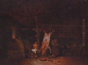 The Interior Of A Barn, With A Slaughtered Pig, A Maid And Two Fighting Peasants by Hendrik Hendricksz Bogaert