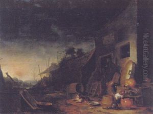 Pots And Barrels By A Farm, With A Peasant Standing In The Doorway And His Dog Looking Out