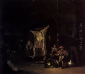 A Kitchen Interior With Peasants And A Hung Carcass by Hendrik Hendricksz Bogaert