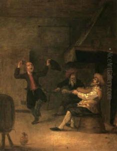 An Interior Of An Inn With A Man Dancing A Gig To A Fiddle  Played By His Companion