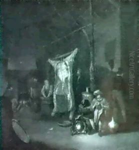 The Interior Of A Barn With A Peasant Smoking A Pipe By A   Slaughtered Pig, A Cabbage, A Copper Jug And Other Utensils