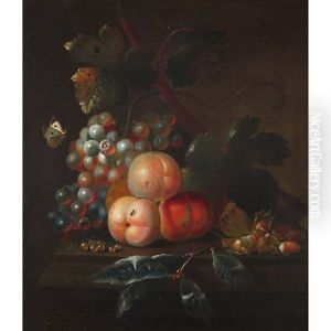 Still Life Of Peaches, Cob Nuts, Currants Grapes, A Butterfly And Insect On A Shelf by Jakob Bogdani