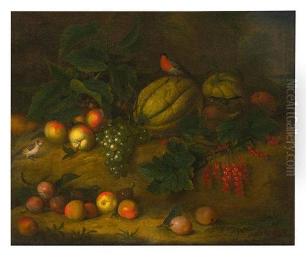 A Still Life With Plums, Grapes, A Melon And Songbirds - view 1