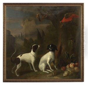 Exotic Birds In A Park With Hunting Dogs And A Still Life Of Fruit by Jakob Bogdani