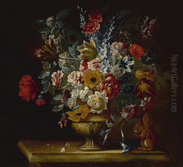 Still Life With Flowers In A Footed Vase With A Squirrel On A Table - view 1
