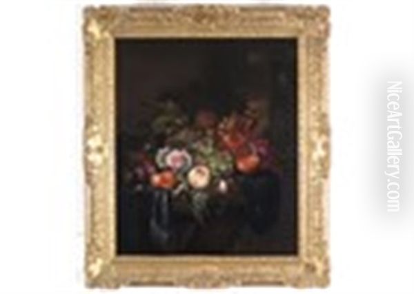 Still Life Of Grapes, Peaches, Pomegranate And Flowers On A Stone Plinth In A Landscape With A Butterfly - view 1