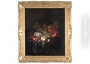 Still Life Of Grapes, Peaches, Pomegranate And Flowers On A Stone Plinth In A Landscape With A Butterfly by Jakob Bogdani