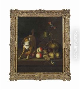 A Dog, A Blue Tit And A Parakeet With Grapes, Peaches, Pears And Pumpkins On A Ledge