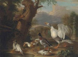 A Goose, Mallard And Ducks Before A Lake, With A Hawk Perched On A Tree Branch, A Village Beyond