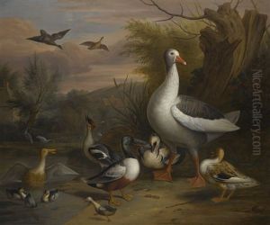 A Goose, Eider, Grebe And Other Fowl Beside A Pond by Jakob Bogdani