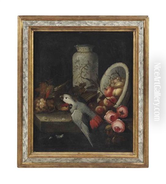 A Pair Of Parrots With Grapes, Roses, Peaches, An Orange And A China Vase And Bowl - view 1