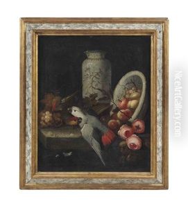 A Pair Of Parrots With Grapes, Roses, Peaches, An Orange And A China Vase And Bowl by Jakob Bogdani