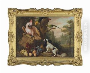 A Cockatoo, Parrots And A King Charles Spaniel, With Fruit And Fallen Masonry, In A Classical Landscape