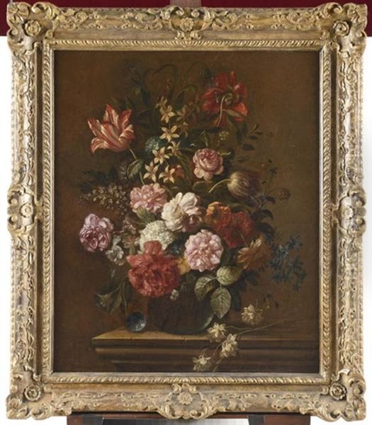 Vase Pose Sur Une Console Contenant Des Roses Cent-feuilles, Des Tulipes, Des Pavots, Des Pivoines, Des Anemones Simples Et Doubles, Des Hypomees, Des Boules De Neige Et D'autres Fleurs - view 1