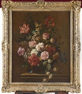 Vase Pose Sur Une Console Contenant Des Roses Cent-feuilles, Des Tulipes, Des Pavots, Des Pivoines, Des Anemones Simples Et Doubles, Des Hypomees, Des Boules De Neige Et D'autres Fleurs by Jakob Bogdani