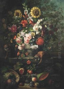 Sunflowers, Roses, Carnations, Peonies, Lilies And Other Flowers In A Stone Vase On Steps With Monkeys Amongst Cantaloupe, Pomegranate, Peaches, Plums And Other Fruit by Jakob Bogdani
