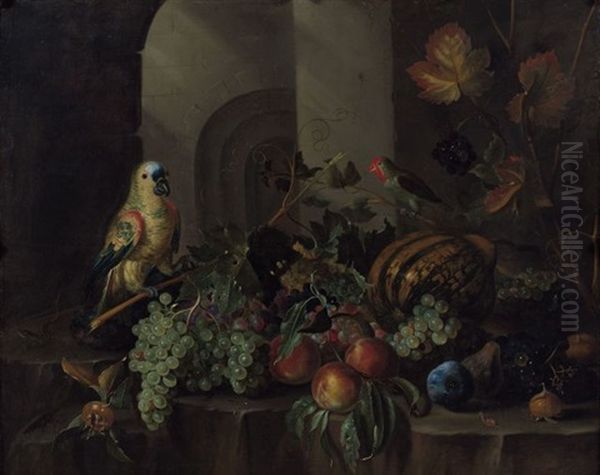 Fruits Et Perroquets Sur Un Entablement De Pierre - view 1