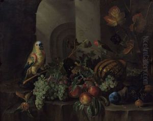 Fruits Et Perroquets Sur Un Entablement De Pierre