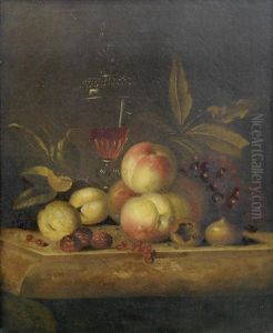 Peaches, Figs, Grapes, Redcurrants, Loganberries And A Glass Cup And Cover With Wine On A Stone Ledge