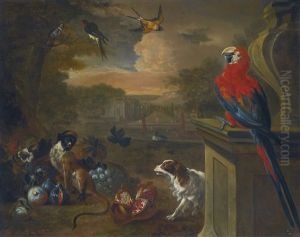 A Monkey A Spaniel, A Macaw, A Swallow And Other Birds In An Extensive Parkland Landscape