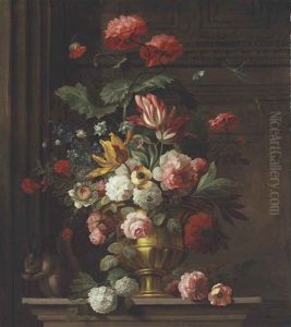 Roses, Carnations, Hydrangeas, Tulips, And Other Flowers In A Decorated Vase On A Ledge With A Squirrel, Butterfly, And A Dragonfly