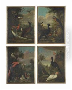 A Silver Pheasant, A Collared Pratincole, A Bare-faced Curassow, A Toucan And Other Birds In A Landscape; A Black-crowned Night Heron, A Wattled Curassow, A Blue And Yellow Macaw And Other Birds In A Landscape; A Sulphur-crested Cock-a-too, A Parakeet, A by Jakob Bogdani